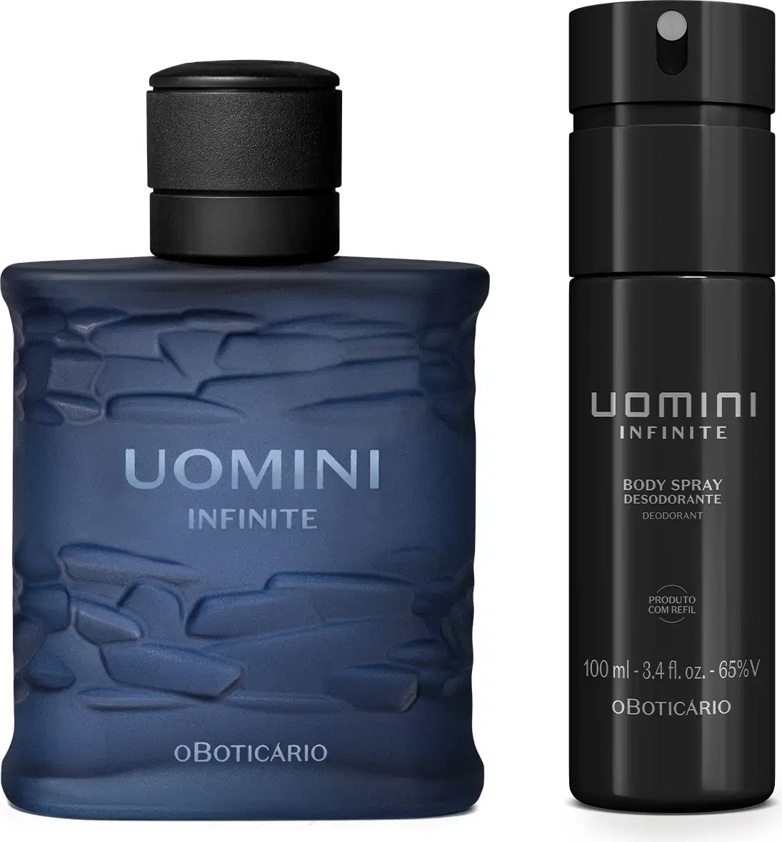 Dois itens da marca Uomini Infinite: vidro quadrado com linhas onduladas na cor azul escura com tampa preta e letras azuis de desodorante colônia e frasco preto com letras douradas de body spray.