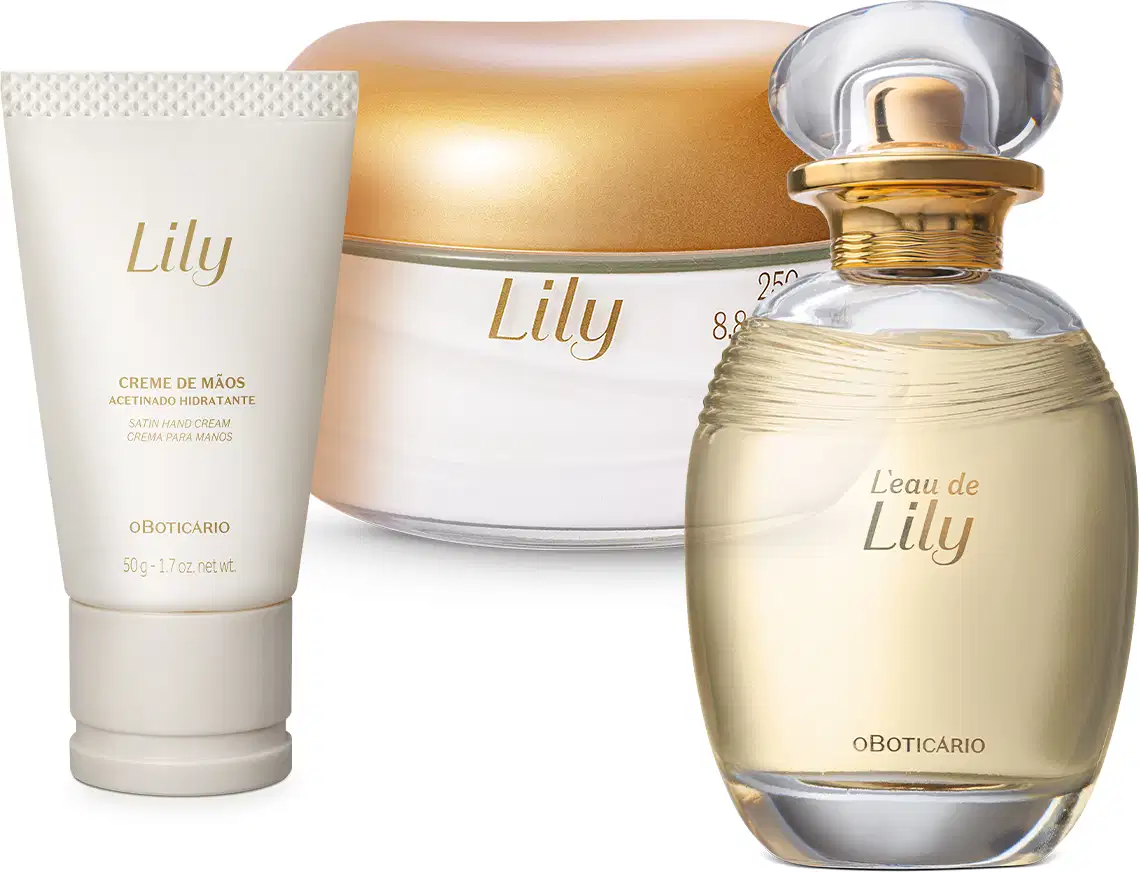 Três produtos da linha Lily em tons de branco, bege, dourado e rose, sendo um vidro ovalado com tampa redonda de desodorante colônia, um frasco tipo bisnaga de creme para as mãos e um pote arredondado de creme acetinado corporal.