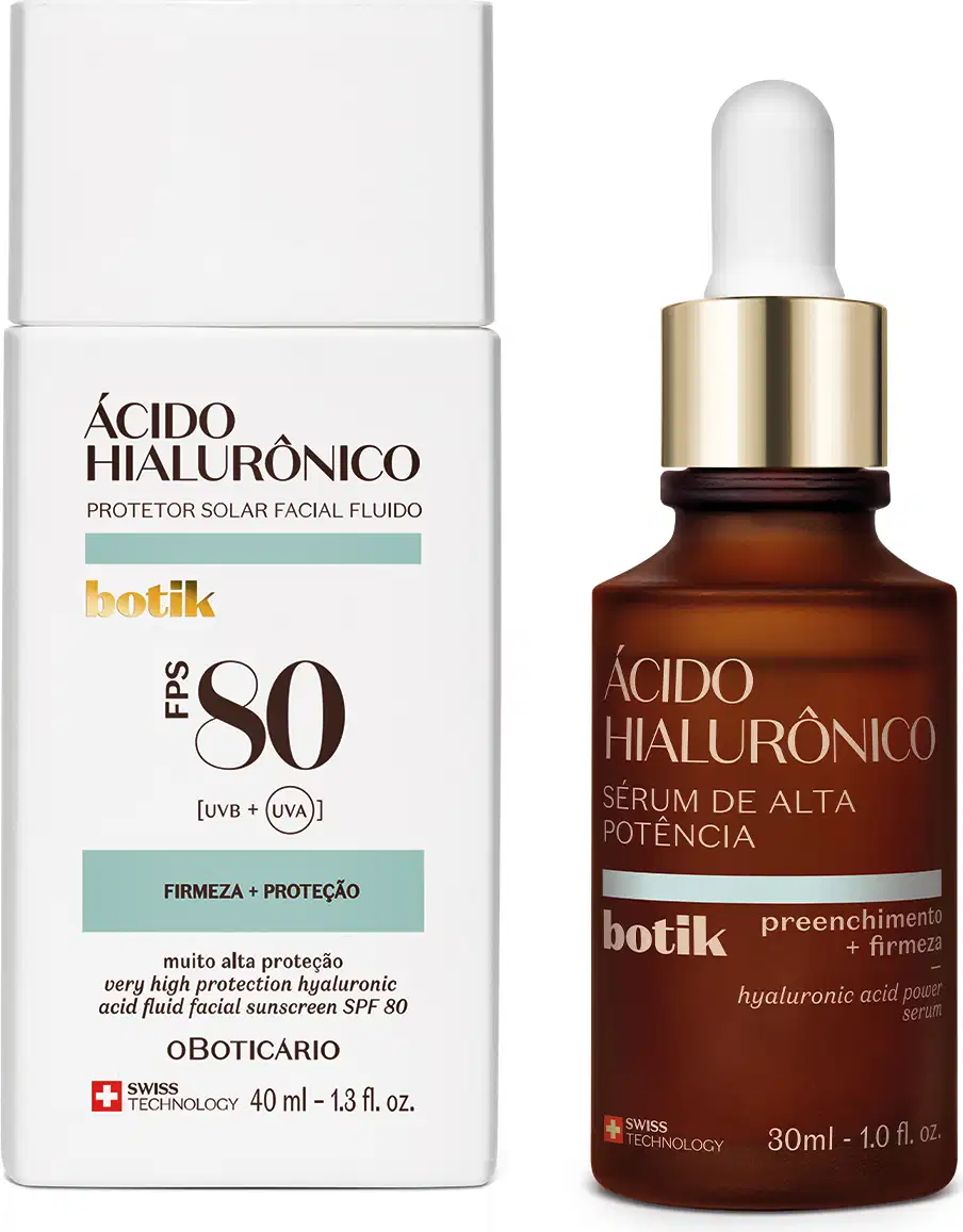 Dois itens da marca Botik Ácido Hialurônico: frasco marrom com tampa dourada e conta-gotas branco de sérum facial de alta potência e frasco branco com letras pretas e detalhe verde de protetor solar FPS 80.