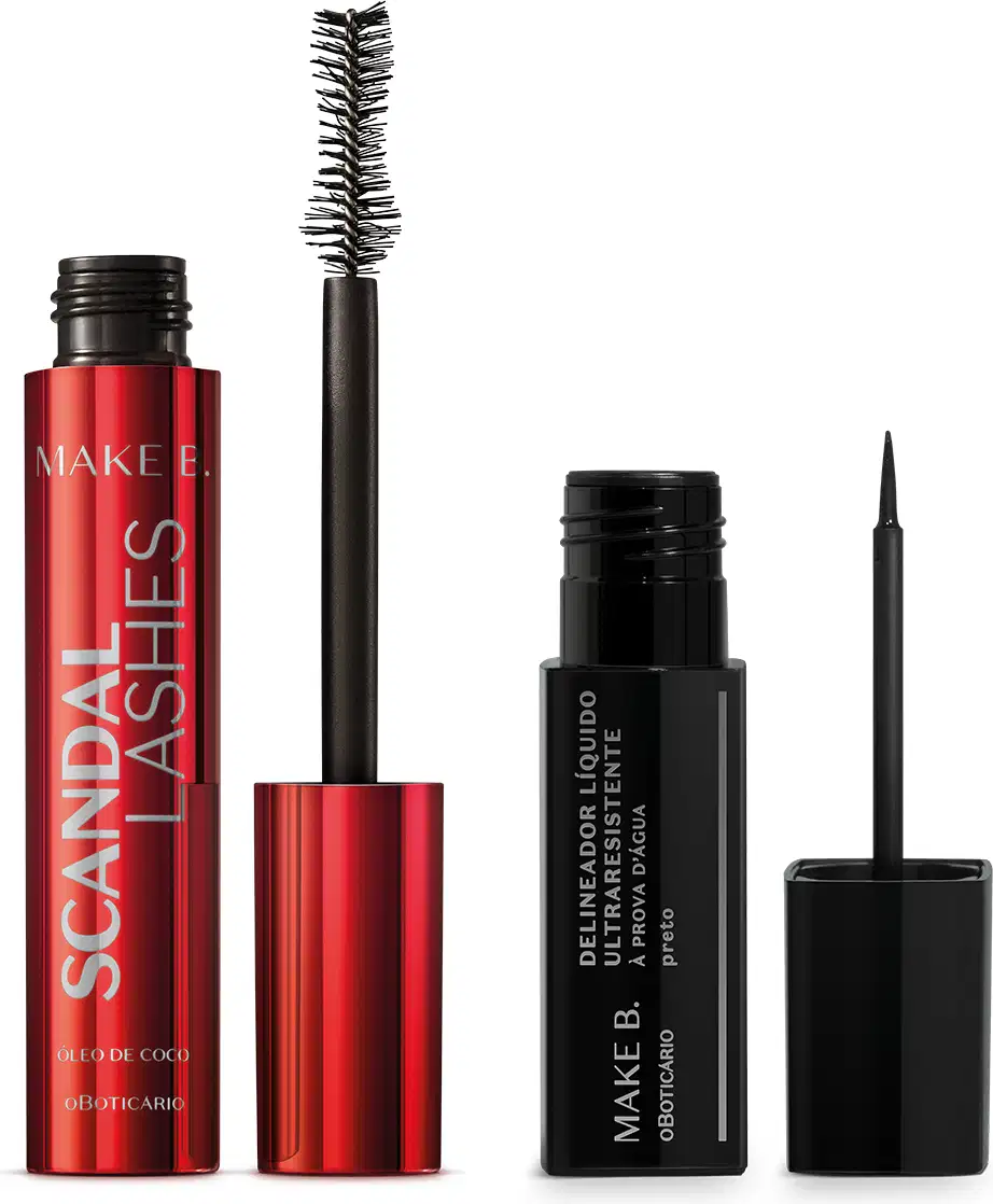 Tubo vinho metálico com letras prateadas, haste e escova aplicadora pretas de máscara de cílios Scandal Lashes e tubo preto com letras cinzas e ponta fina de delineador líquido, ambos da marca Make B.