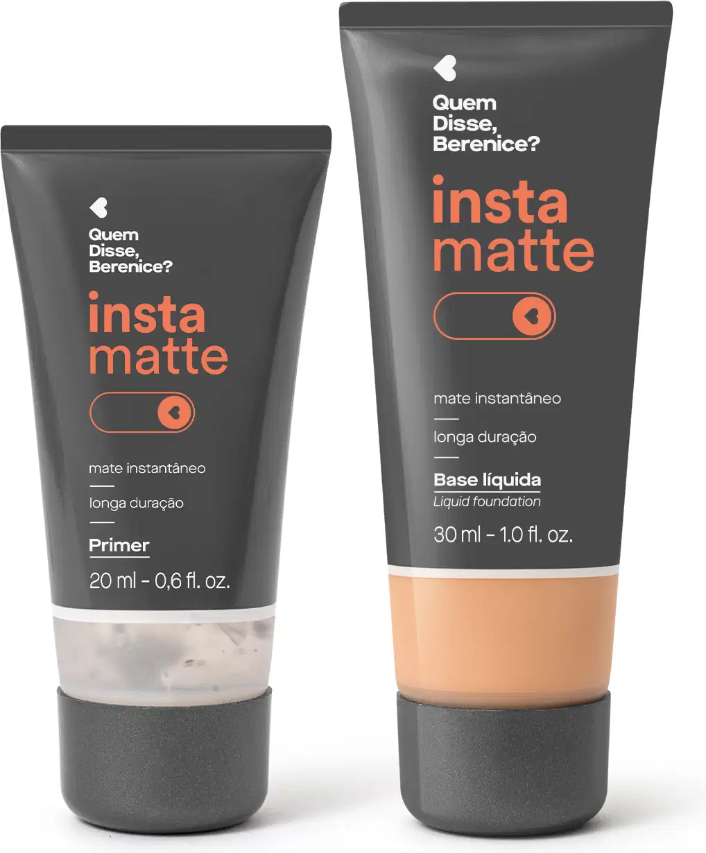 Dois itens da marca Instamatte Quem Disse, Berenice? em tubo preto com visor mostrando a cor do produto e letras nas cores rosa e branca: primer facial líquido e base líquida na cor 180Q.