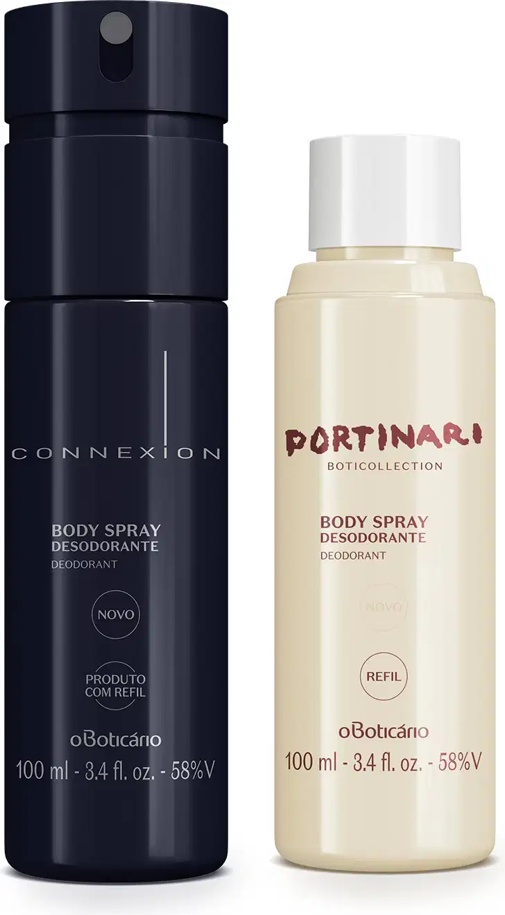 Frasco preto com letras amarelas contendo 100ml de body spray Connexion e um refil em frasco branco com letras marrons de desodorante colônia Portinari.