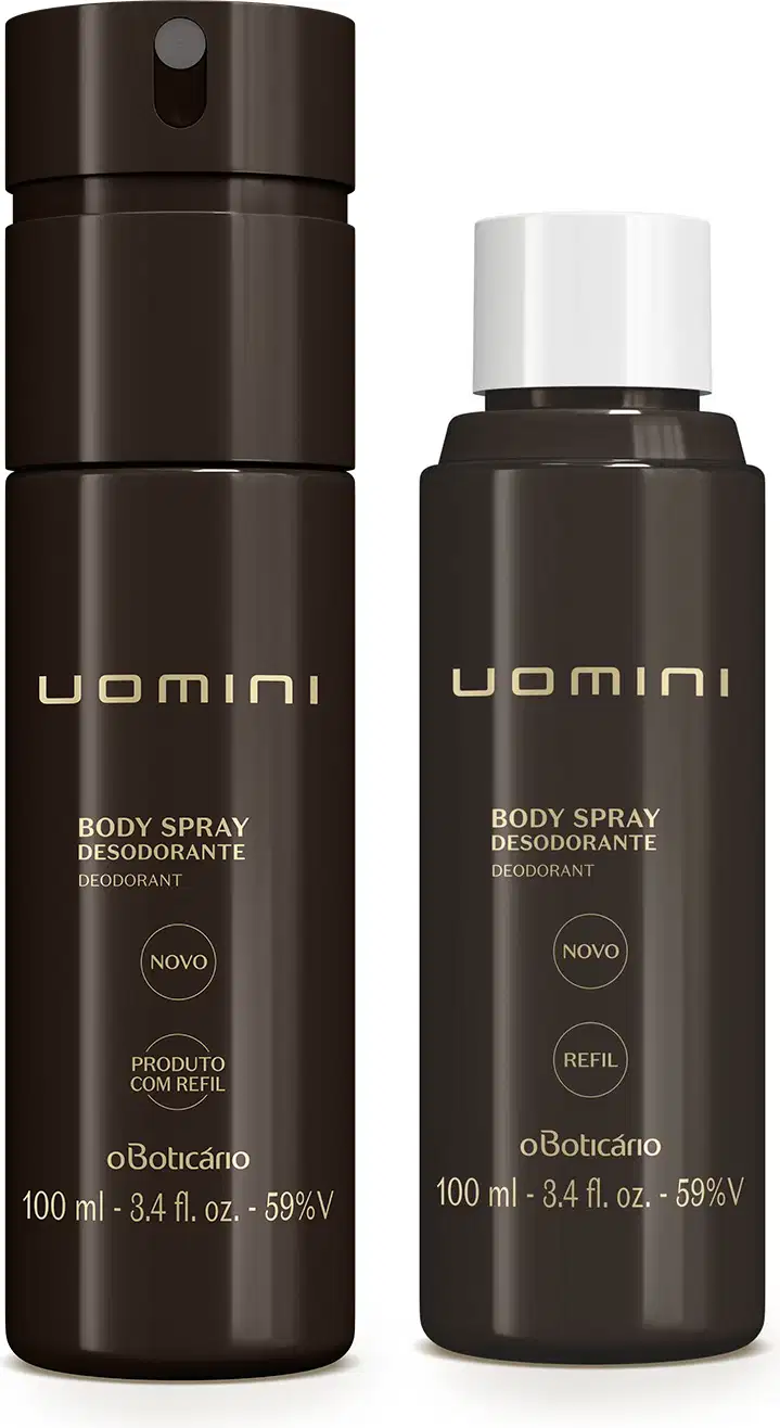 Duas embalagens de desodorante body spray da marca Uomini na cor preta com letras amarelas, sendo um frasco de 100ml e um refil em recipiente com a mesma volumetria.