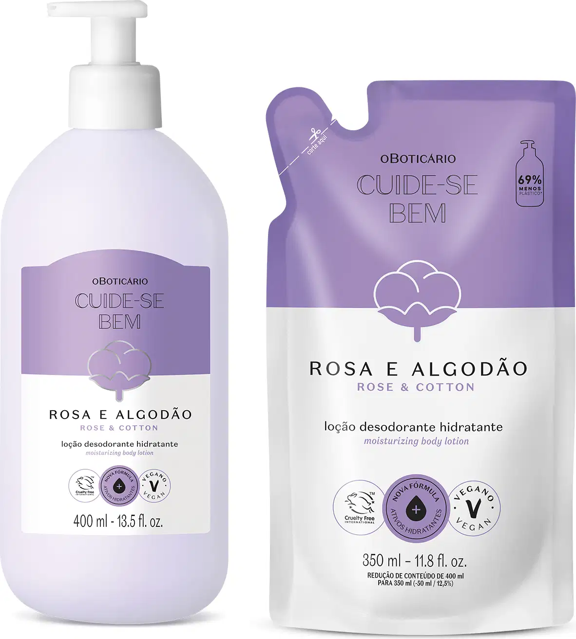 Duas embalagens contendo loção hidratante corporal Cuide-se Bem Rosa e Algodão nas cores branca e lilás com ilustração de uma flor de algodão no rótulo, sendo um frasco com bomba dosadora de 400ml e um refil em sachê de 350ml.