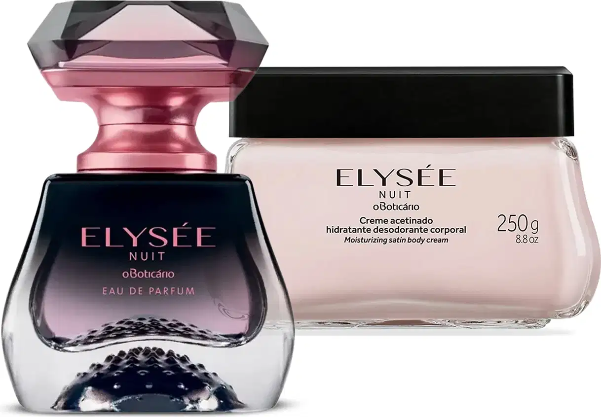 Dois itens da marca Elysée Nuit: vidro com degradê de preto e branco com tampa dourada na forma de um diamante lapidado de Eau de Parfum e um pote com creme branco com tampa e letras pretas de creme acetinado hidratante.