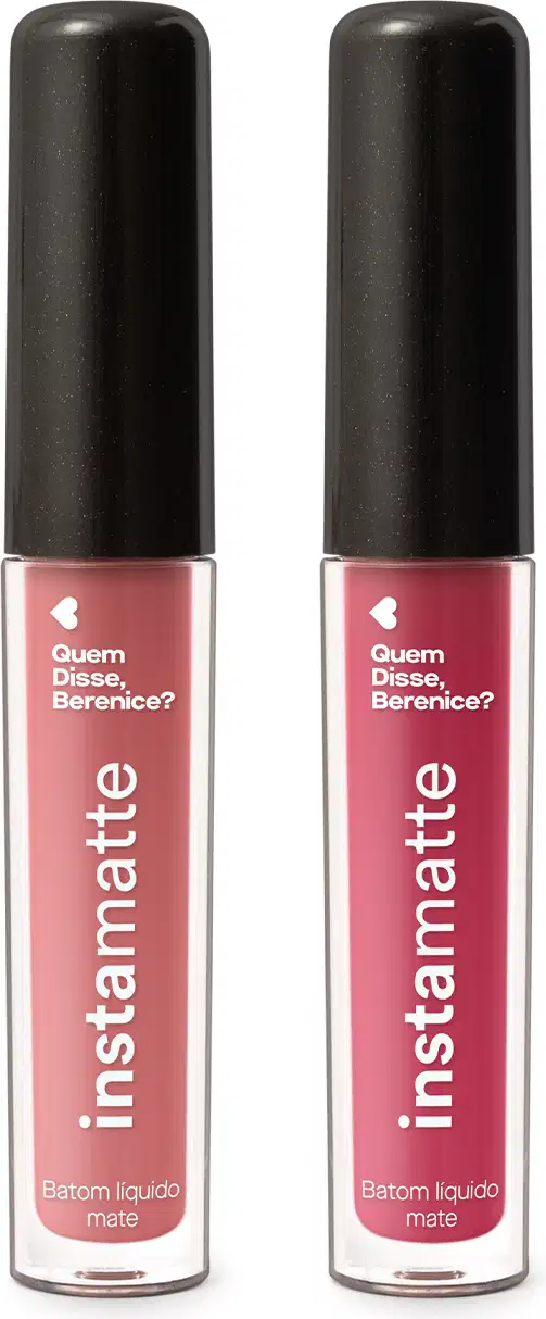 Dois batons líquidos mate Instamatte Quem Disse, Berenice? em tubo transparente para mostrar a cor do produto, tampa preta e letras brancas, sendo o Rosetali na cor rosa médio e o Goiabali na cor rosa vibrante.