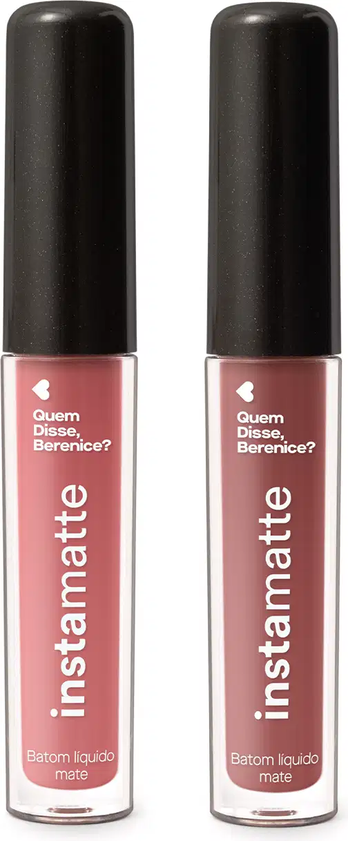 Dois batons líquidos mate Instamatte Quem Disse, Berenice? em tubo transparente para mostrar a cor do produto, tampa preta e letras brancas, sendo o Rosetali na cor rosa e o Castanheli na cor marrom claro.
