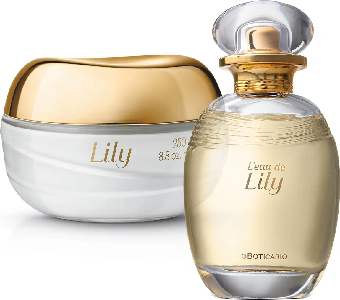 Dois itens da marca L'eau de Lily, sendo um vidro em formato ovalado com líquido bege e tampa dourada de desodorante colônia e um pote com creme branco e tampa dourada de creme acetinado corporal.