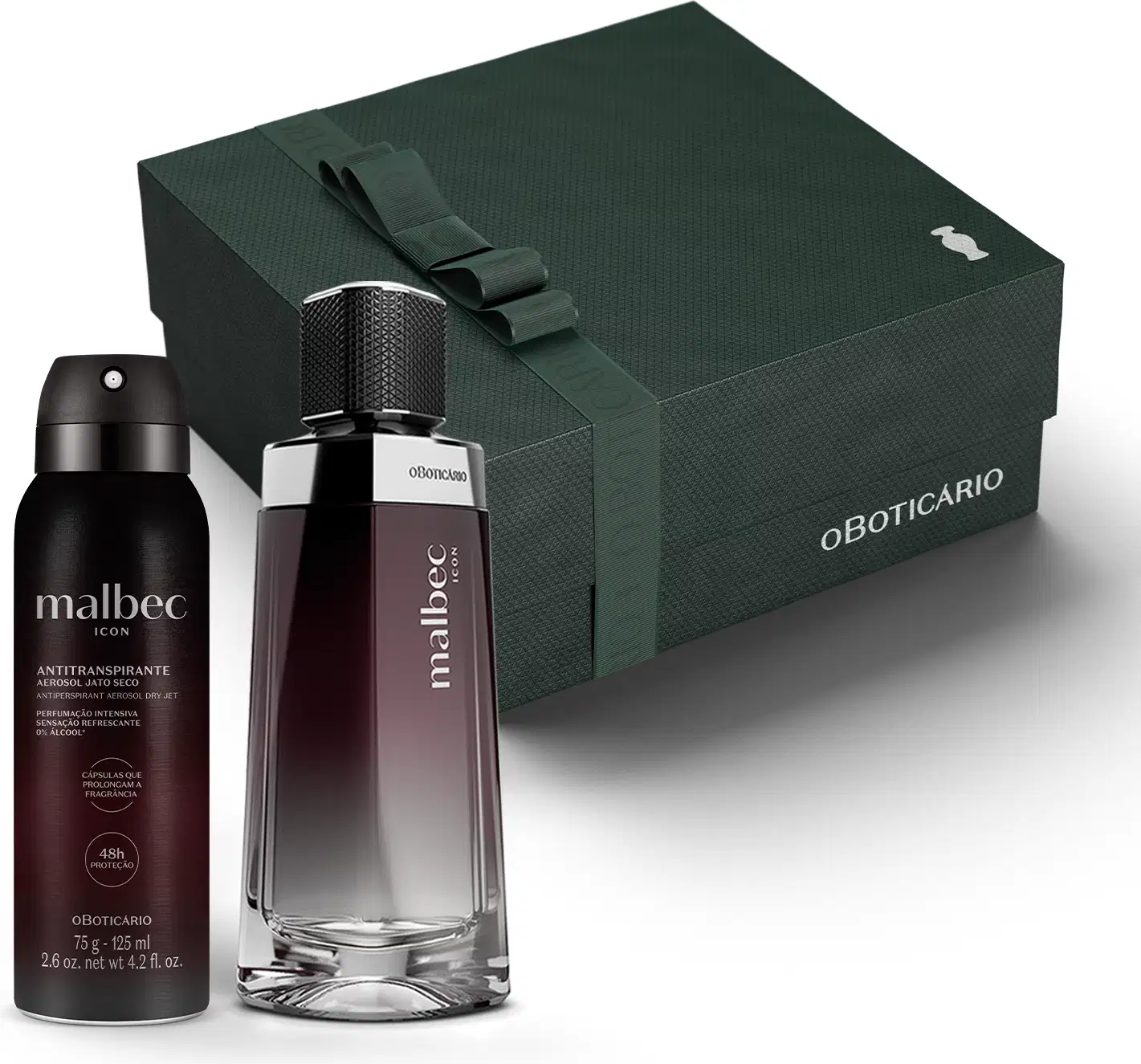 Caixa de presente preta com detalhes prateados e dois itens da marca Malbec Icon, sendo um desodorante colônia em vidro com degradê de preto e branco, detalhe prata e tampa preta e um frasco preto fosco com letras cinza de desodorante aerossol.