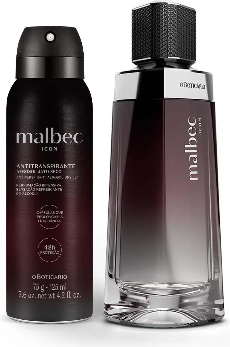 Dois itens da marca Malbec Icon, sendo um desodorante colônia em vidro com degradê de preto e branco, detalhe prata e tampa preta e um frasco preto fosco com letras cinza de desodorante aerossol.