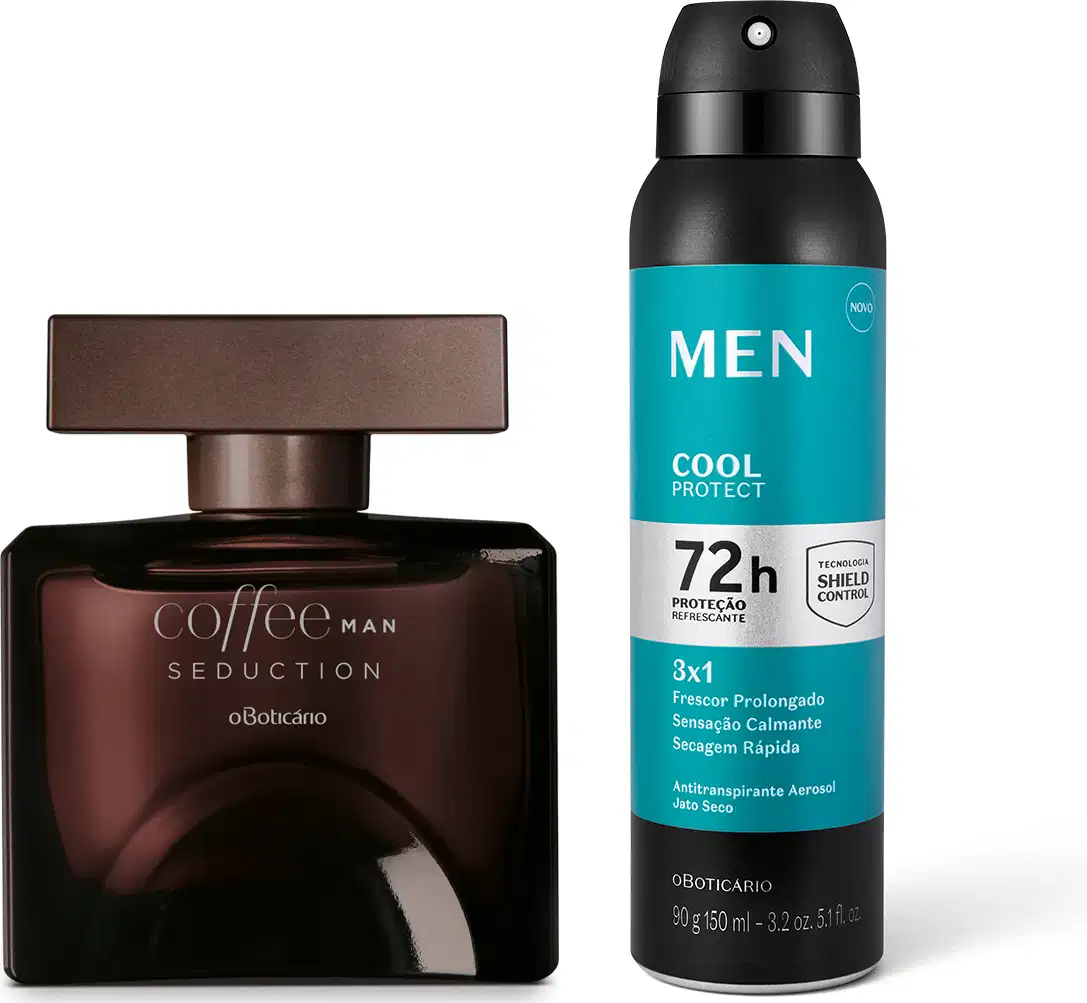 Vidro quadrado na cor marrom com tampa em formato retangular e letras douradas de desodorante colônia Coffee Man Seduction e frasco preto com rótulo azul e prateado de desodorante aerossol MEN Cool Protect.