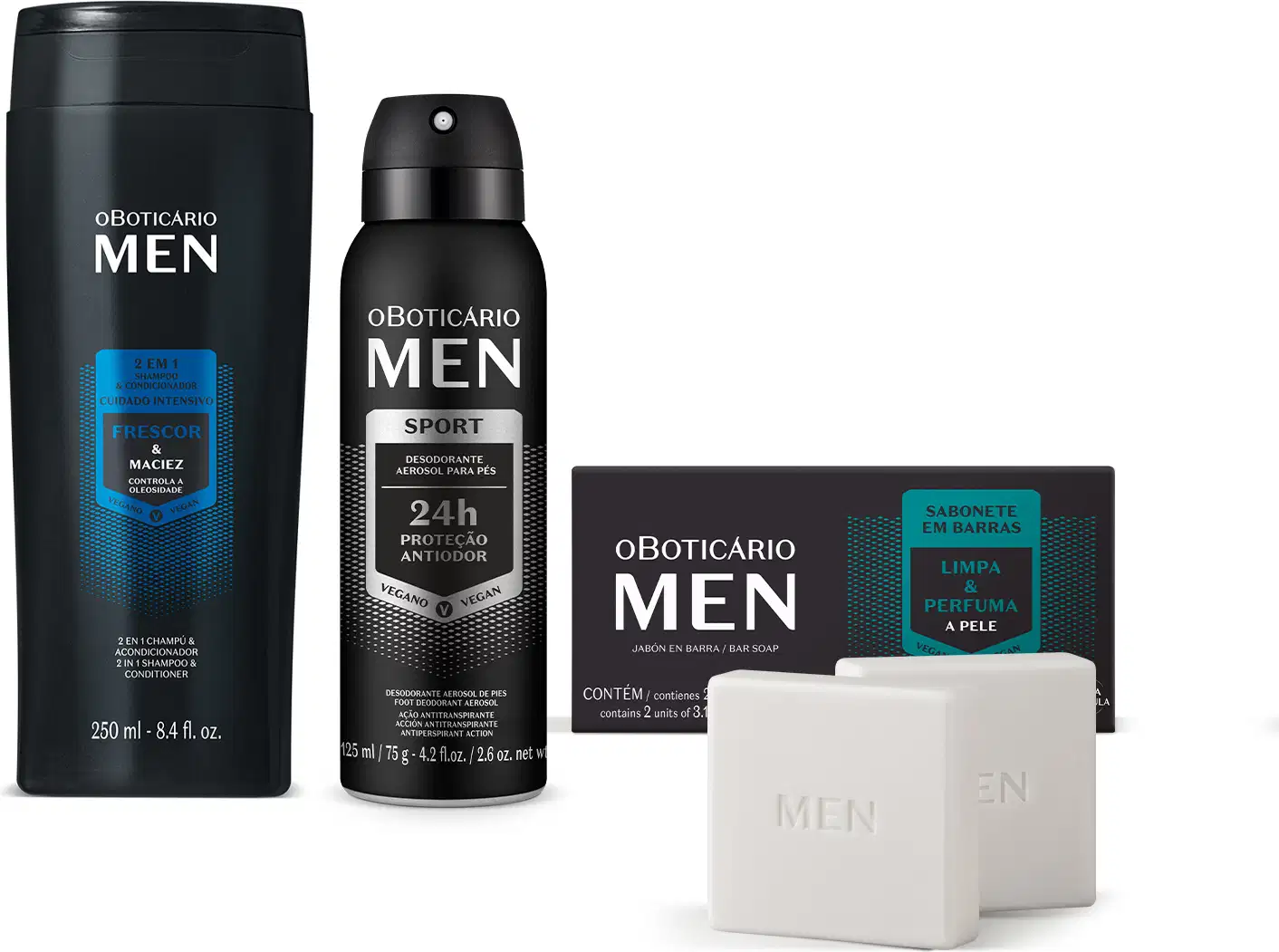 Três itens da marca MEN em tons de preto com detalhes azuis e prateados, sendo um shampoo 2 em 1, um desodorante para os pés e uma caixa com dois sabonetes em barra.