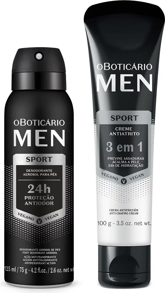 Dois itens da marca MEN Sport em tons de preto, branco e prateado, sendo um creme antiatrito 3 em 1 e um desodorante para os pés.