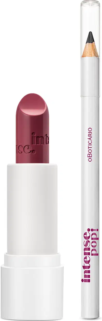 Dois itens da marca Intense Pop em embalagens brancas com letras marrons, sendo um batom na cor rosa e um lápis para os olhos na cor preta.