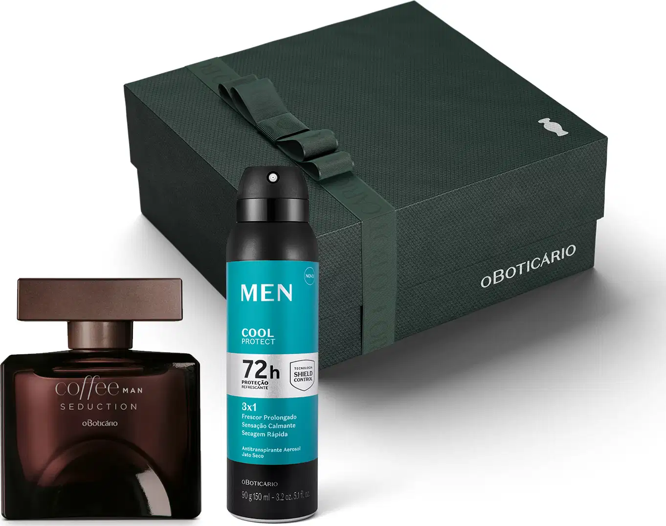 Caixa de presente preta com detalhes prateados, vidro quadrado na cor marrom com tampa em formato geométrico de desodorante colônia Coffee Man Seduction e frasco azul, preto e prata de desodorante aerossol MEN Cool Protect.