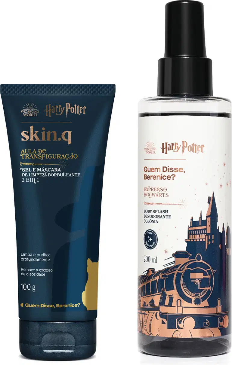 Dois itens da marca Harry Potter Quem Disse, Berenice?: bisnaga azul marinho com letras douradas de gel de limpeza 2 em 1 e frasco com líquido claro, tampa spray preta e rótulo branco com ilustração de um trem e letras pretas e douradas de body splash.