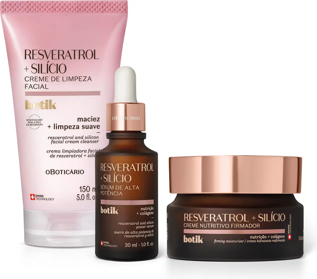 Três itens Botik Resveratrol e Silício: bisnaga rosa e branca com letras marrons de creme de limpeza facial, frasco marrom com conta-gotas dourado e branco de sérum facial e pote marrom com tampa dourada de creme nutritivo firmador.