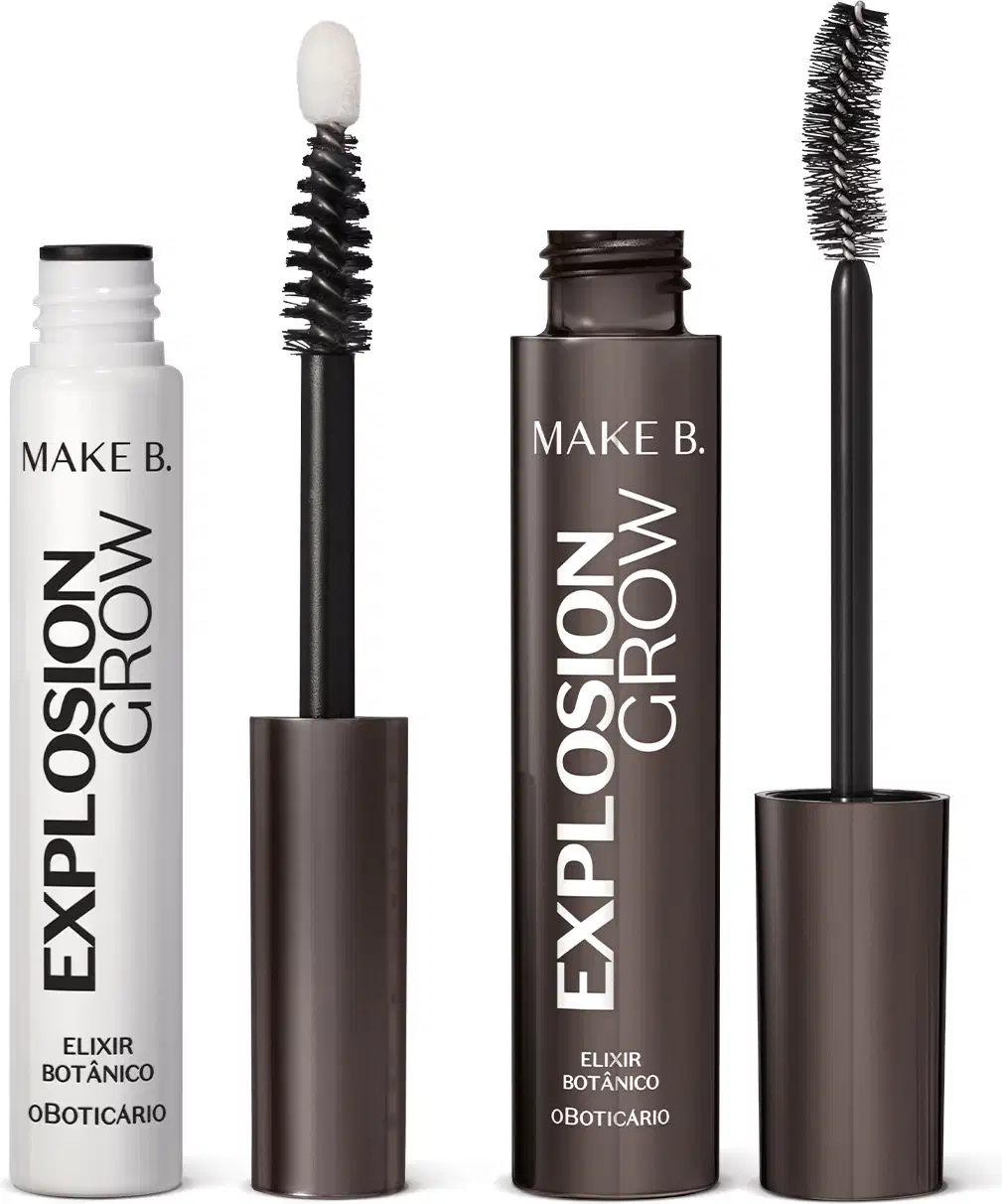 Máscara para cílios em tubo preto com letras brancas e aplicador preto, sérum para cílios e sobrancelhas em tubo branco com letras pretas e aplicador branco, ambos de tampas pretas da marca Explosion Grow Make B. 