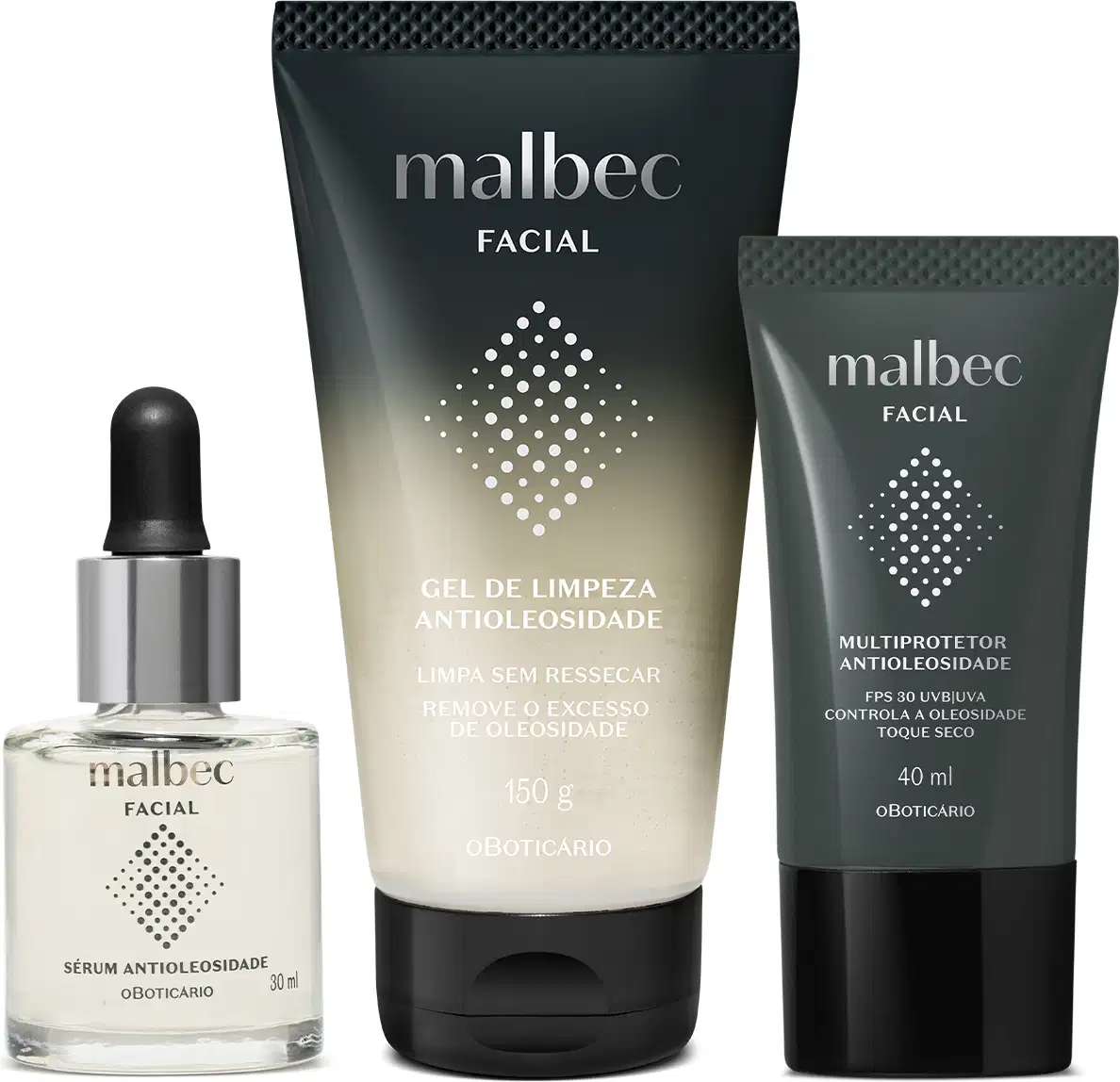 Kit antioleosidade com um frasco de 30ml com líquido claro, tampa prateada e conta-gotas preto de sérum antioleosidade, bisnaga preta e branca com 150g de gel de limpeza e bisnaga cinza e preta com letras brancas contendo 40ml de protetor solar FPS 30.