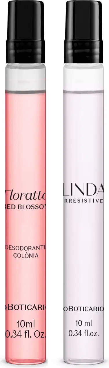 Dois vidros cilíndricos transparentes de tampas pretas com 10ml de desodorante colônia em cada um, sendo um de líquido rosa e letras pretas da marca Floratta Red Blossom e outro com líquido azul claro e letras pretas da marca Linda Irresistível.