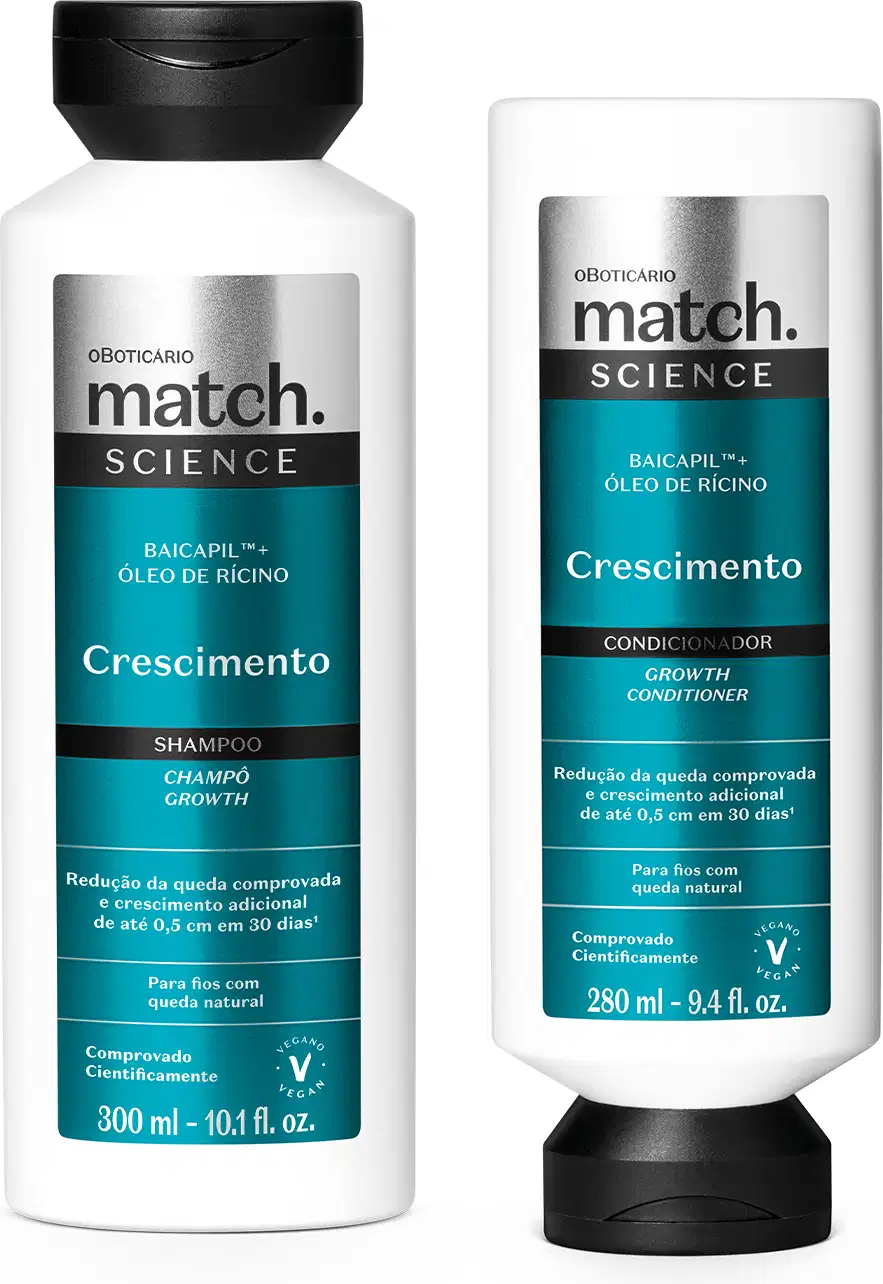 Dois itens da marca Match Science Crescimento na cor branca com tampa preta e rótulo em azul, preto e prata, sendo um de 300ml de shampoo e outro de 280ml de condcionador.
