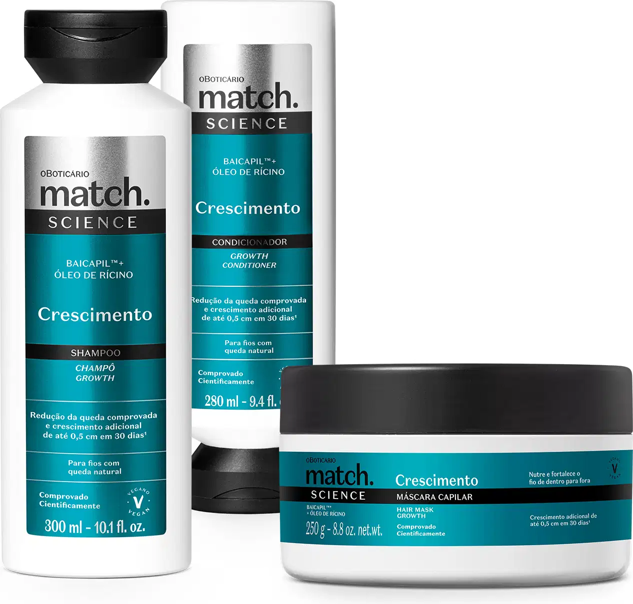 Três itens da marca Match Science Crescimento em embalagem branca com tampa preta e rótulo azul, preto e prata, sendo um frasco de 300ml de shampoo, frasco de 280ml de condicionador e pote de 250g de máscara capilar.