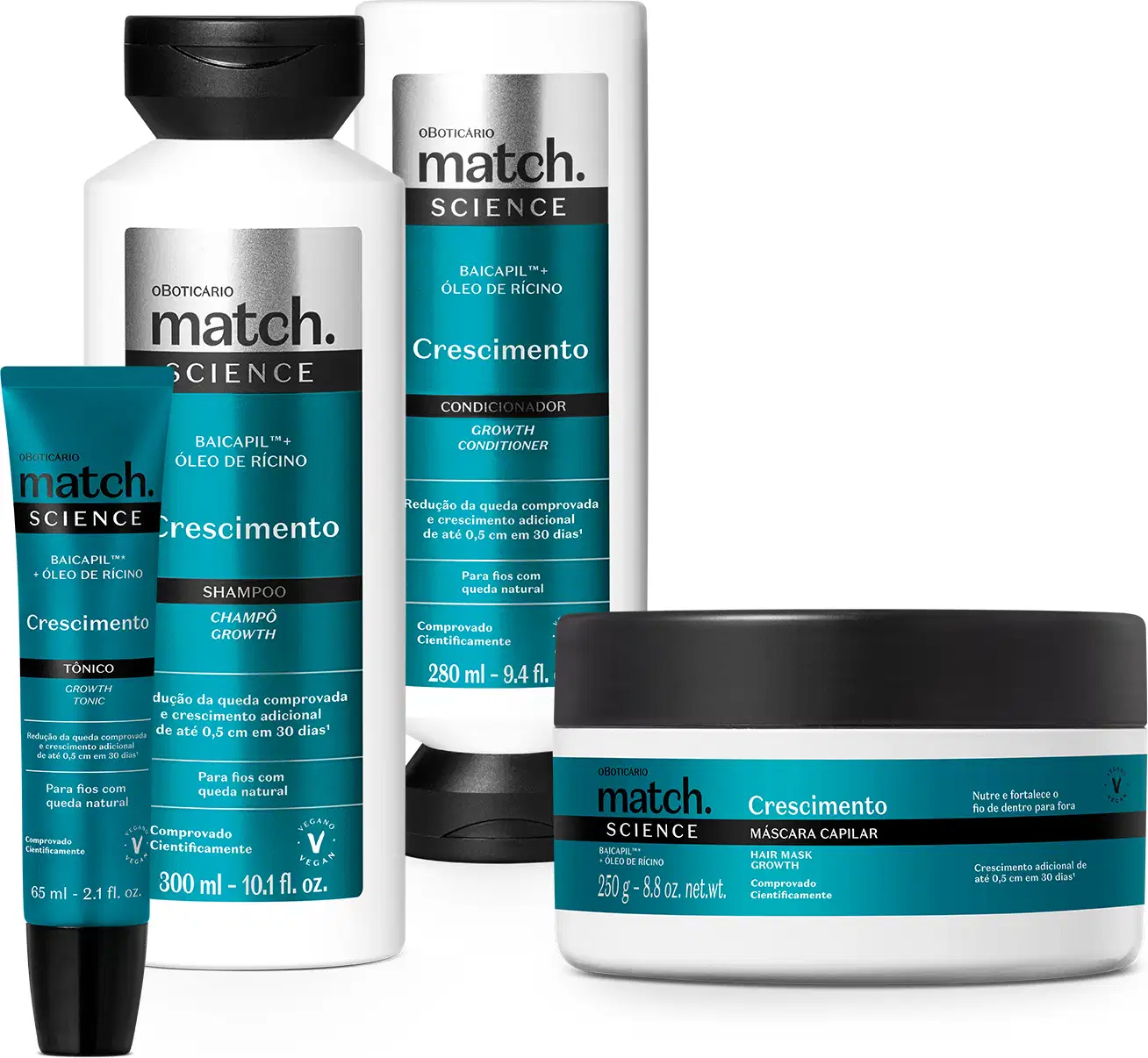 Quatro itens da marca Match Science Crescimento nas cores branca, azul, preto e prateado, sendo shampoo, condicionador, máscara e tônico capilar.