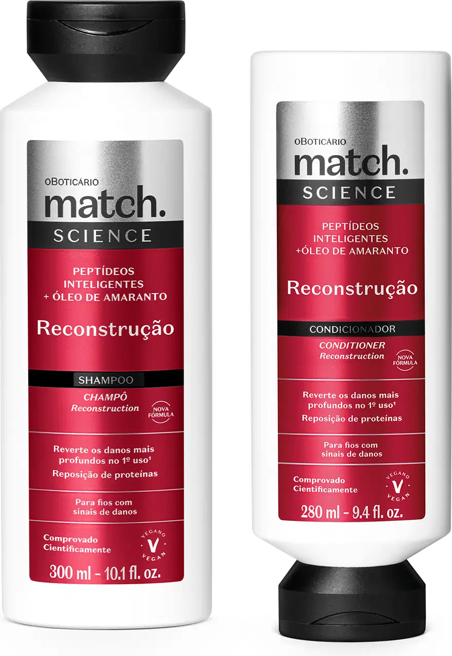 Dois itens da marca Match Science Reconstrução em embalagem branca com tampa preta e rótulo vermelho, preto e prateado, sendo um de 300ml de shampoo e outro de 280ml de condicionador.