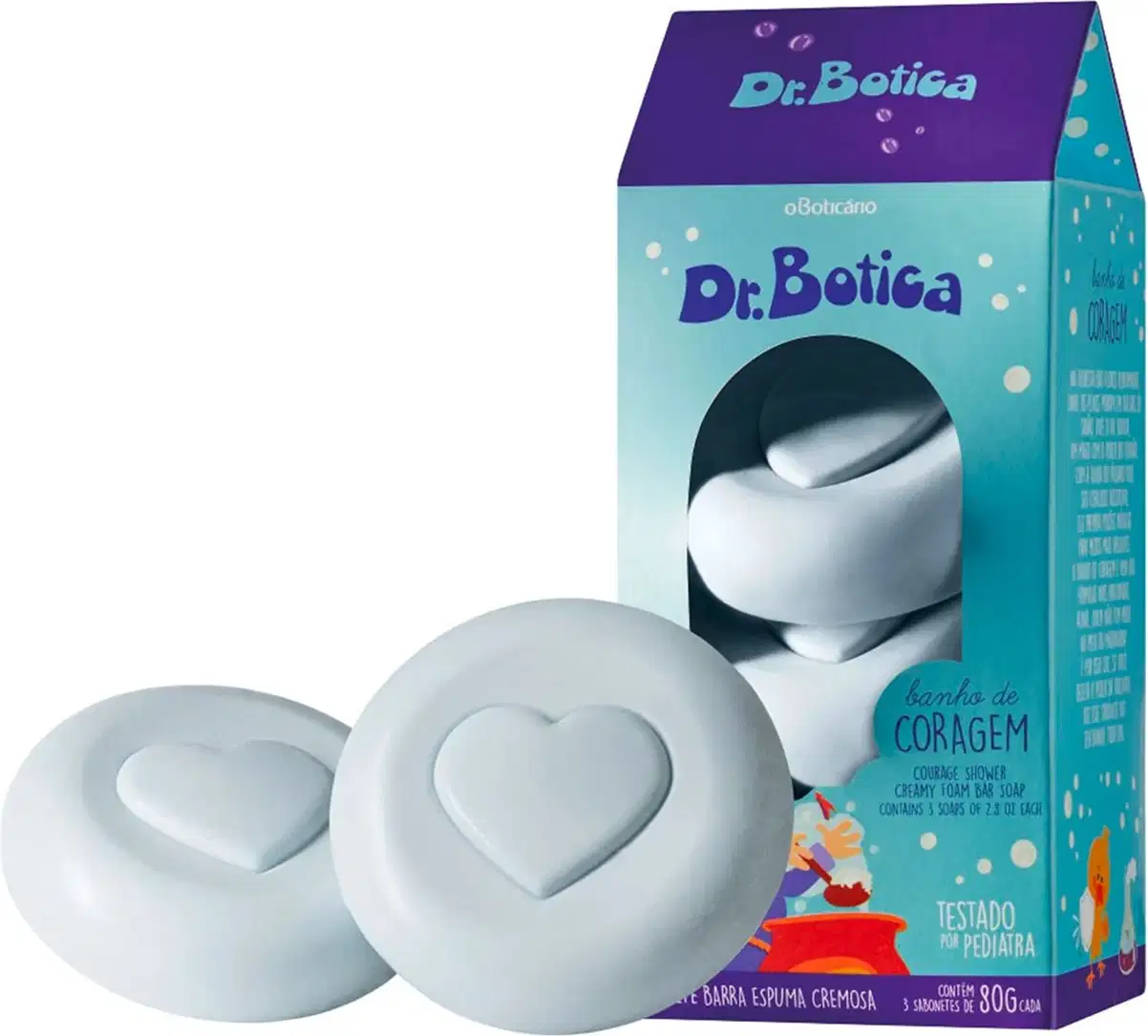 Caixa azul claro e azul escuro ao lado de dois sabonetes em barra na cor azul com coração gravado, da marca Dr. Botica.