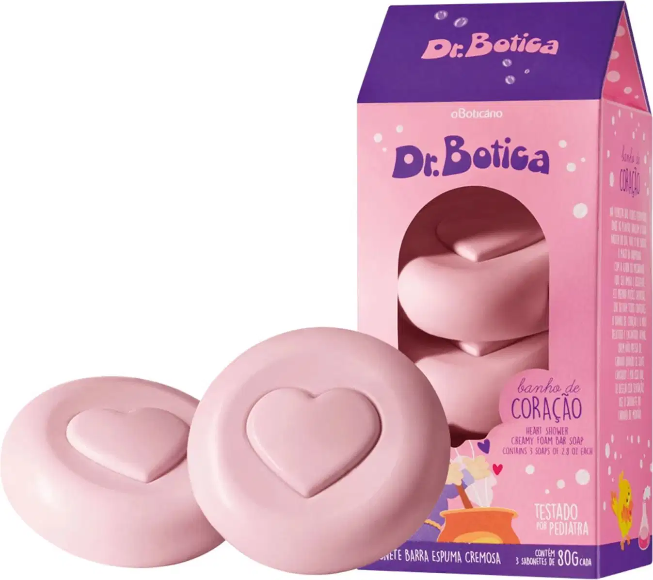 Caixa rosa e azul escuro ao lado de dois sabonetes em barra na cor rosa com coração gravado nos itens da marca Dr. Botica.
