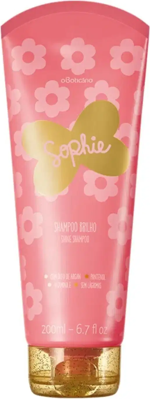 Bisnaga rosa com estampa de flores e tampa rosa escura contendo 200ml de shampoo da marca Sophie. 
