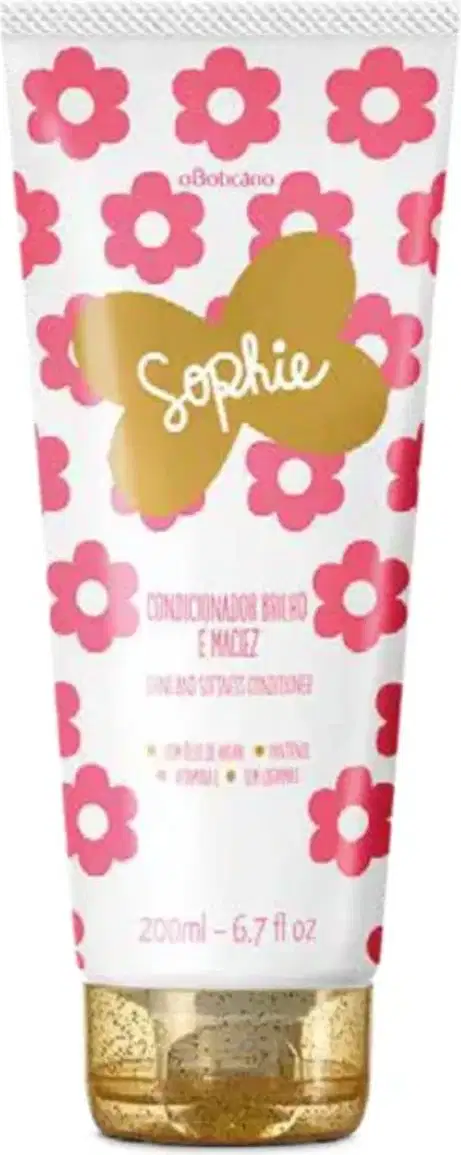 Bisnaga branca com estampa de flores na cor rosa e tampa rosa escura contendo 200ml de condicionador da marca Sophie. 