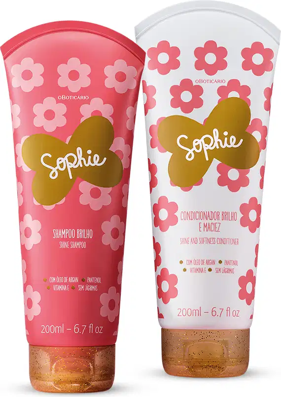 Duas bisnagas de 200ml com estampas de flores da marca Sophie, sendo uma toda rosa de shampoo e uma branca e rosa de condicionador.