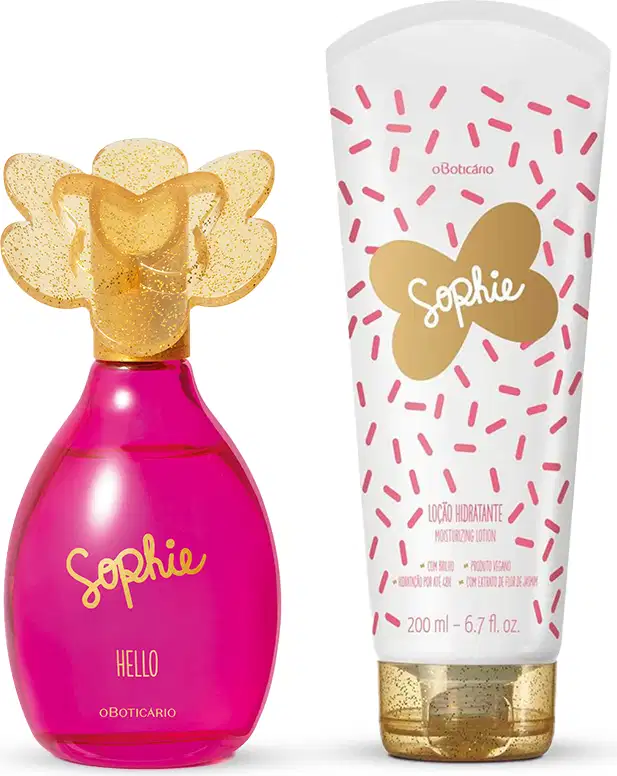 Vidro rosa com tampa amarela em formato de borboleta e letras amarelas contendo 100ml de colônia infantil Sophie Hello e bisnaga branca com detalhe e tampa rosa contendo 200ml de loção corporal da mesma marca.