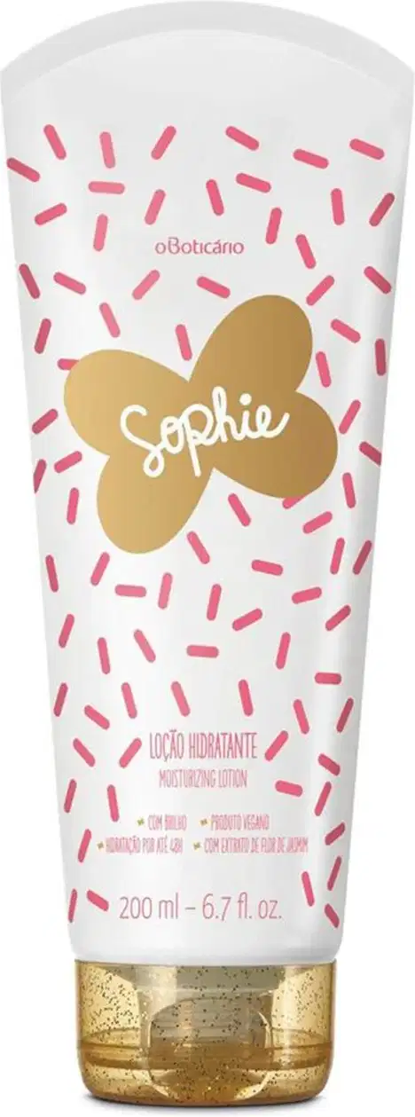 Bisnaga branca com estampa de risquinhos vermelhos e borboleta rosa de loção corporal da marca Sophie.