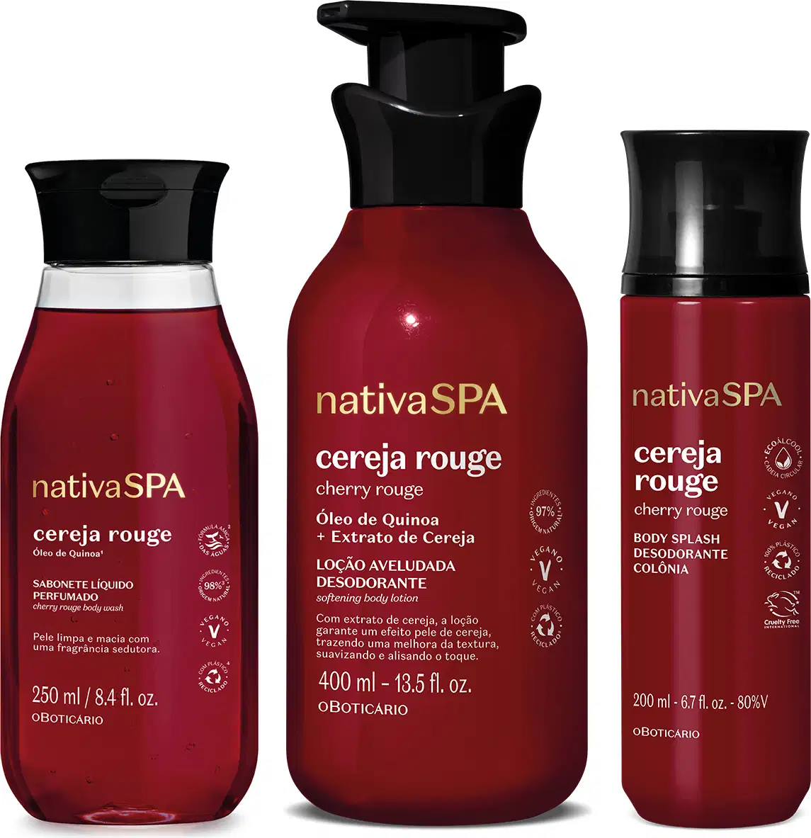 Três frascos na cor vermelho escuro com tampas pretas da marca Nativa SPA Cereja Rouge, sendo um com 250ml de sabonete líquido, outro de 200ml de body splash e outro com bomba dosadora e 400ml de loção hidratante corporal.