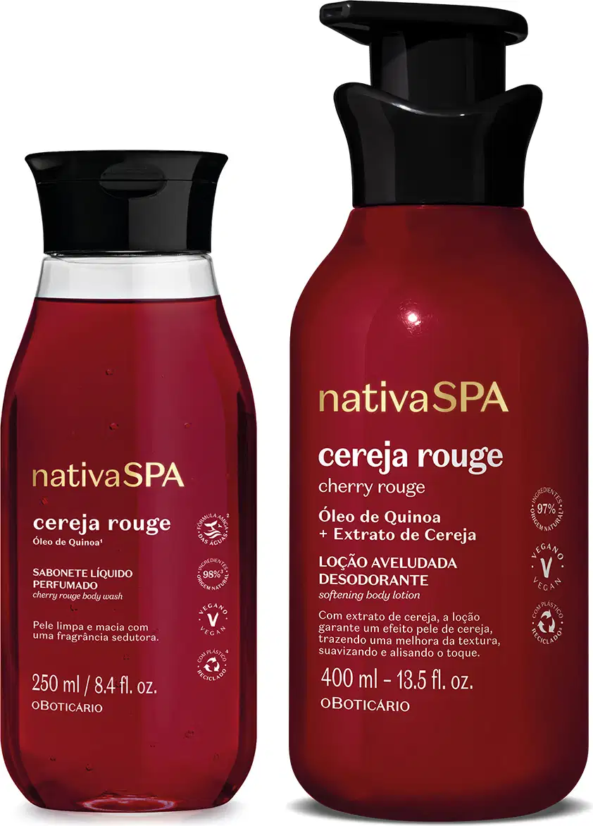 Dois frascos na cor vermelho escuro, letras brancas e douradas e tampa preta da marca Nativa SPA Cereja Rouge: o primeiro contém 250ml de sabonete líquido corporal e o segundo, com tampa dosadora, contém 400ml de loção aveludada corporal.