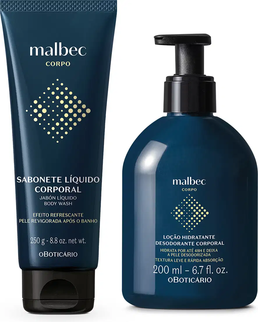 Produtos de higiene corporal Malbec. Um frasco de loção hidratante corporal desodorante de 200 ml, em embalagem plástica azul escura. Um sabonete líquido corporal de 250 g, em embalagem plástica azul escura.