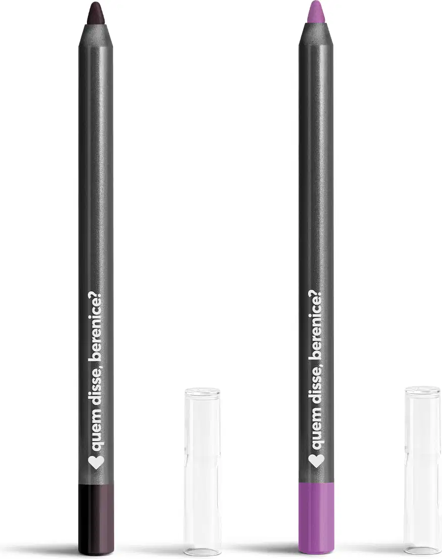 Dois lápis para olhos da marca Quem Disse, Berenice?, um na cor roxa e outro na cor lavanda. Ambos com corpo cinza, ponta e parte inferior na cor do item e tampa transparente.