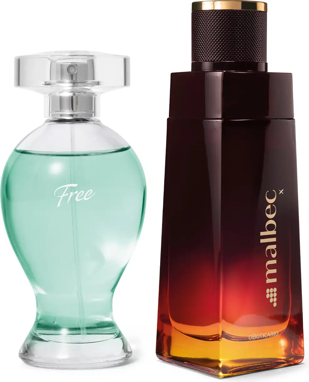 Vidro curvilíneo com líquido azul, pulverizador prateado e tampa transparente com 100ml de desodorante colônia Boticollection Free e frasco com degradê de vinho para dourado e tampa preta com 100ml de desodorante colônia Malbec.