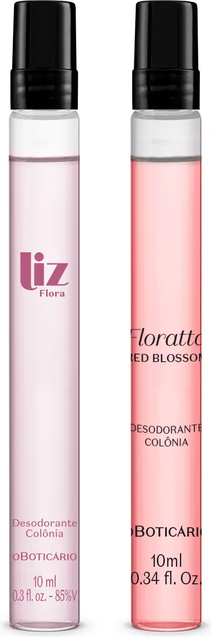 Dois vidros cilíndricos transparentes de tampas pretas com 10ml de desodorante colônia em cada um, sendo um de líquido azulado e letras vinho da marca Liz Flora e outro com líquido rosa e letras pretas da marca Floratta Red Blossom.