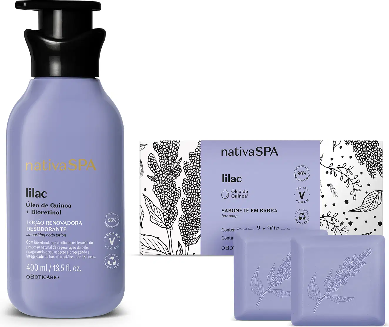 Dois itens Nativa SPA Lilac: frasco na cor lilás com tampa dosadora preta de loção hidratante corporal e dois sabonetes em barra na mesma cor ao lado de sua embalagem branca com rótulo e detalhes lilás.
