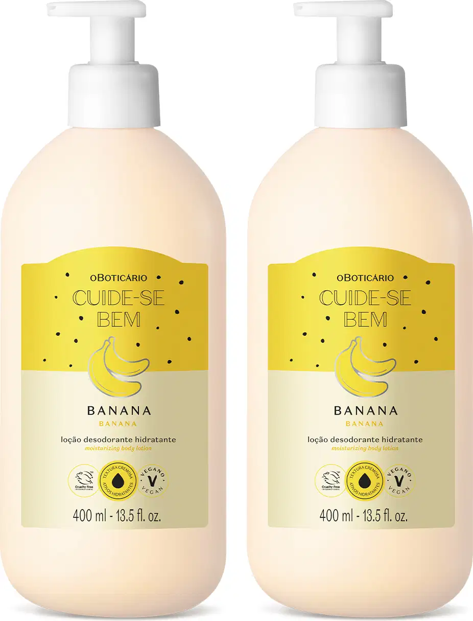 Dois frascos brancos com bomba dosadora e rótulo em tons de amarelo com ilustração de bananas contendo 400ml de loção hidratante corporal Cuide-se Bem Feira Banana.