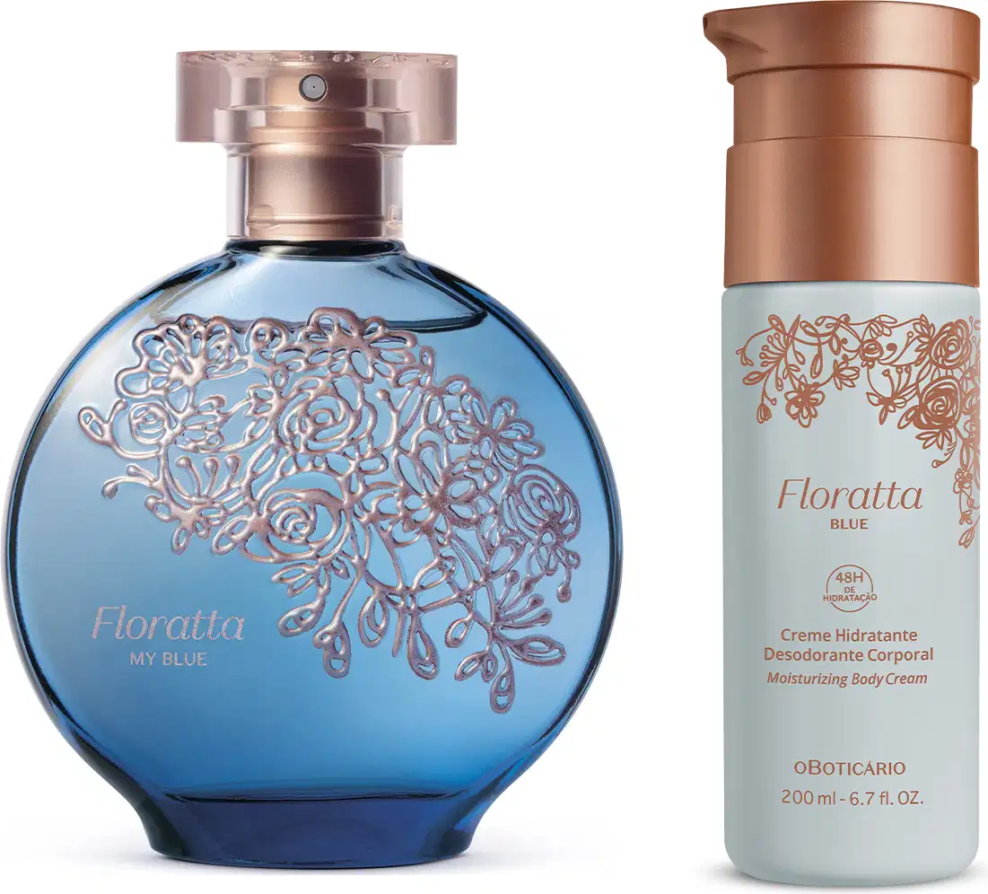 A imagem mostra dois produtos da marca Floratta do Boticário: desodorante colônia Floratta My Blue de 75ml e creme hidratante desodorante corporal de 200ml.
