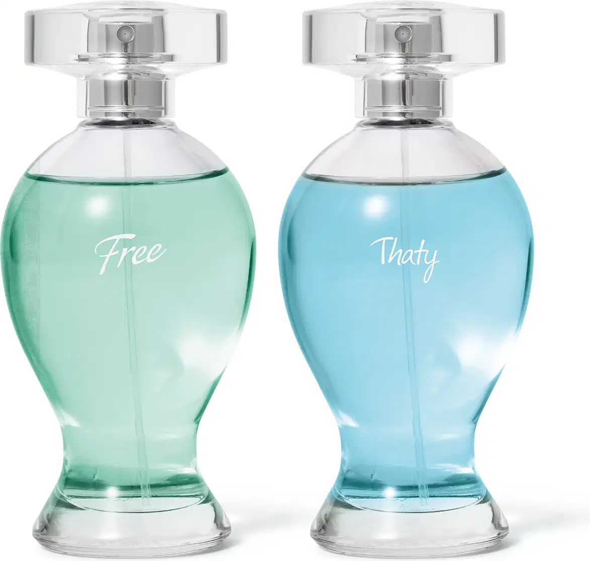 A imagem mostra os desodorantes colônia Free e Thaty do Boticário, com formato de ânfora e líquido em tons de verde e azul.