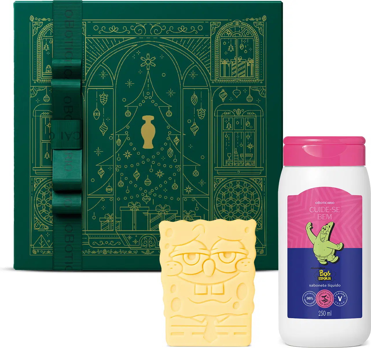 Dois itens de corpo e banho da linha Cuide-se Bem Bob Esponja, sendo sabonete em barra amarelo com formato do personagem e um  frasco branco com rótulo rosa e azul de sabonete líquido com personagem Patrick estampado.