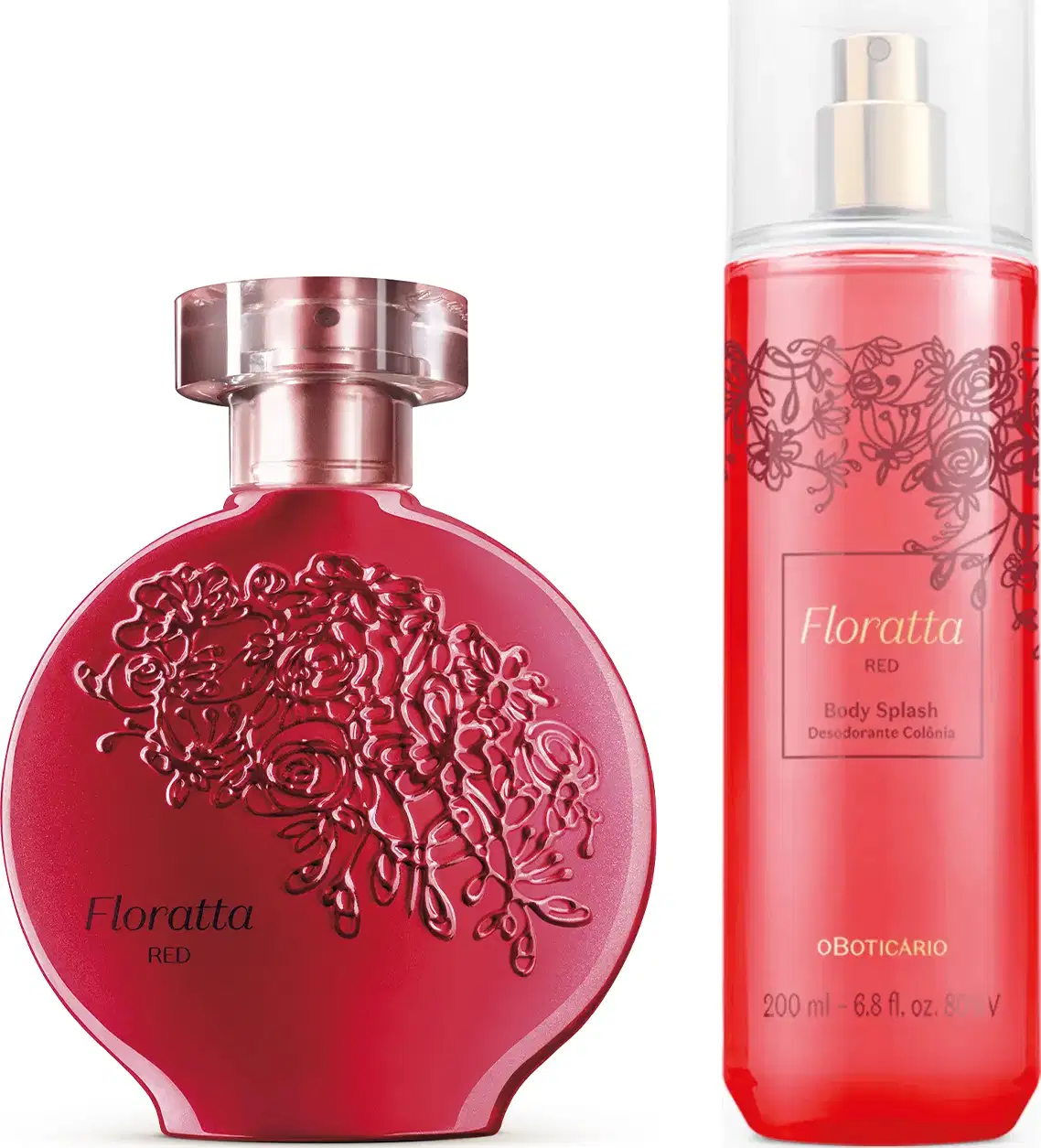 Dois frascos de item de perfumaria da marca Floratta Red, sendo um de vidro arredondado na cor vermelha, com design floral em relevo, e outro de plástico cilíndrico transparente, com um líquido vermelho dentro, com ilustrações florais e nome no rótulo.