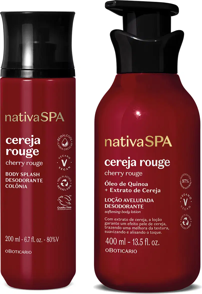 A imagem mostra dois produtos da linha Nativa SPA Cereja Rouge do Boticário: loção aveludada desodorante corporal de 400ml e body splash desodorante de 200ml.