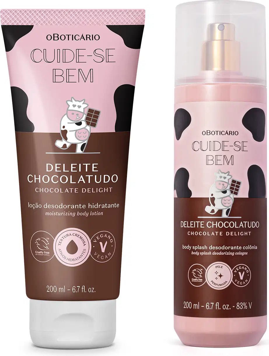 Dois produtos Cuide-se Bem Deleite Chocolatudo, sendo uma bisnaga de loção desodorante hidratante e frasco cilíndrico spray de body splash, ambos com rótulo rosa e marrom com estampa de vaquinha e personagem de vaca segurando um chocolate.