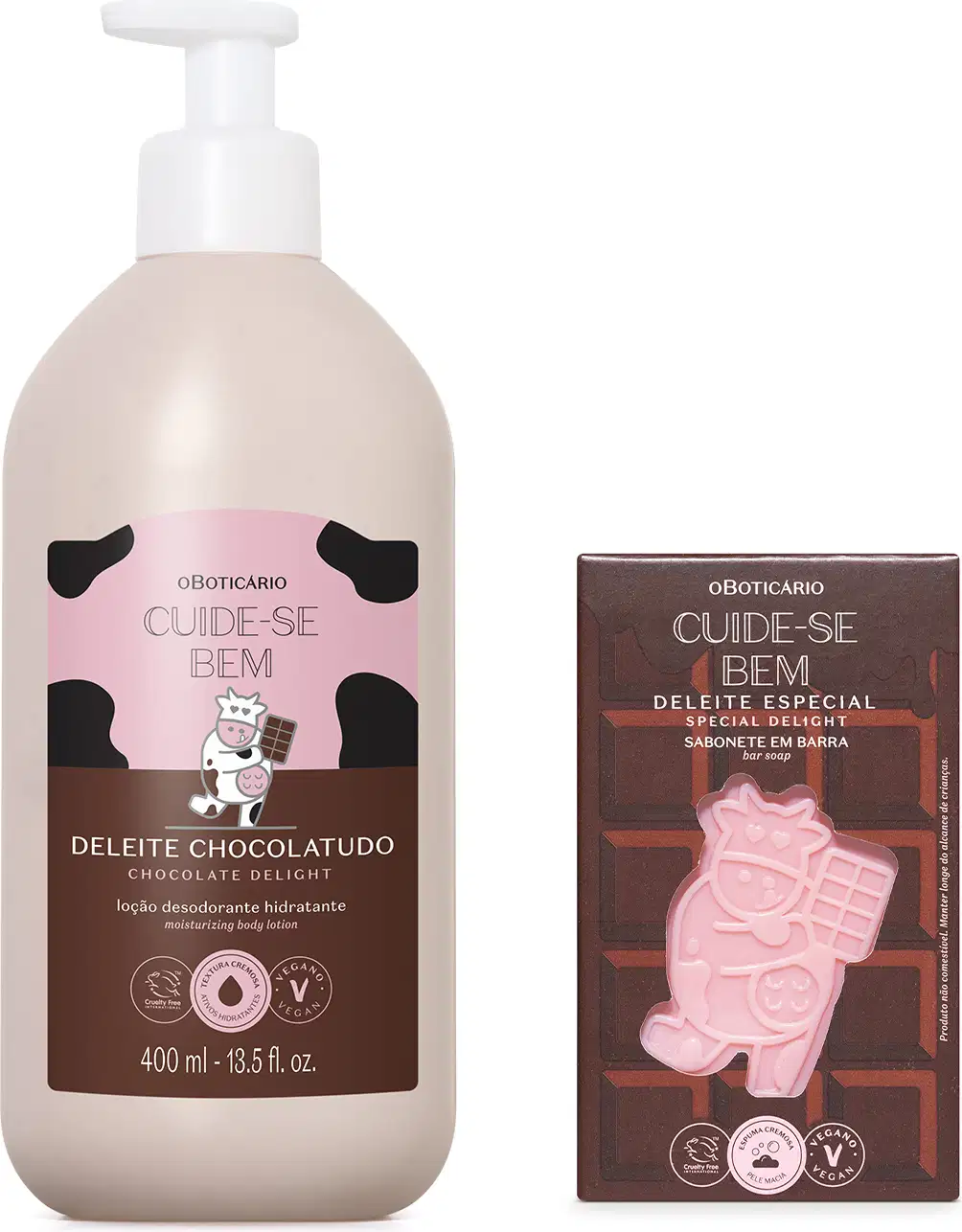 O produto de beleza apresentado na imagem é uma loção hidratante corporal da linha Cuide-se Bem, com fragrância de chocolate. Além do frasco, há também uma barra de sabonete em formato de personagem.